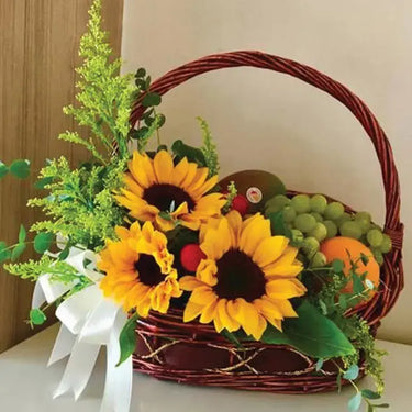 Best Wishes, Sunflowers, Solidaster, Eucalyptus Leaves, Fruit Basket